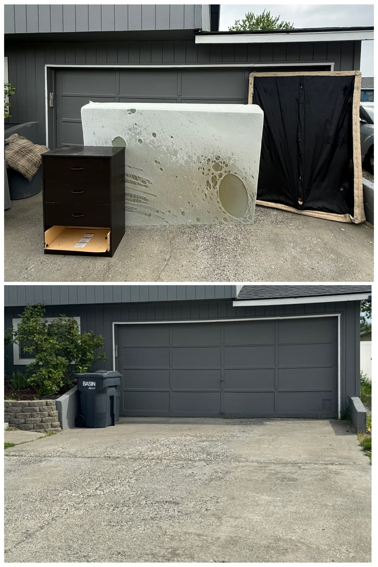 Before and after junk removal at a residential driveway showing bulky items removed and the driveway cleared.